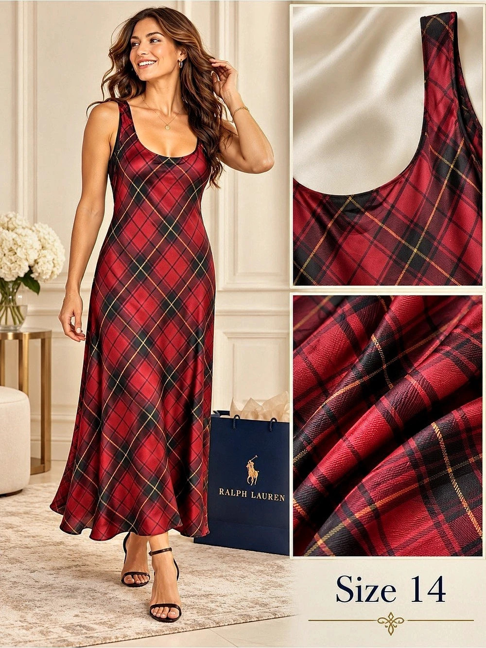 Ralph Lauren Plaid Satin Sleeveless Cocktail Dress Red & Black Size 14